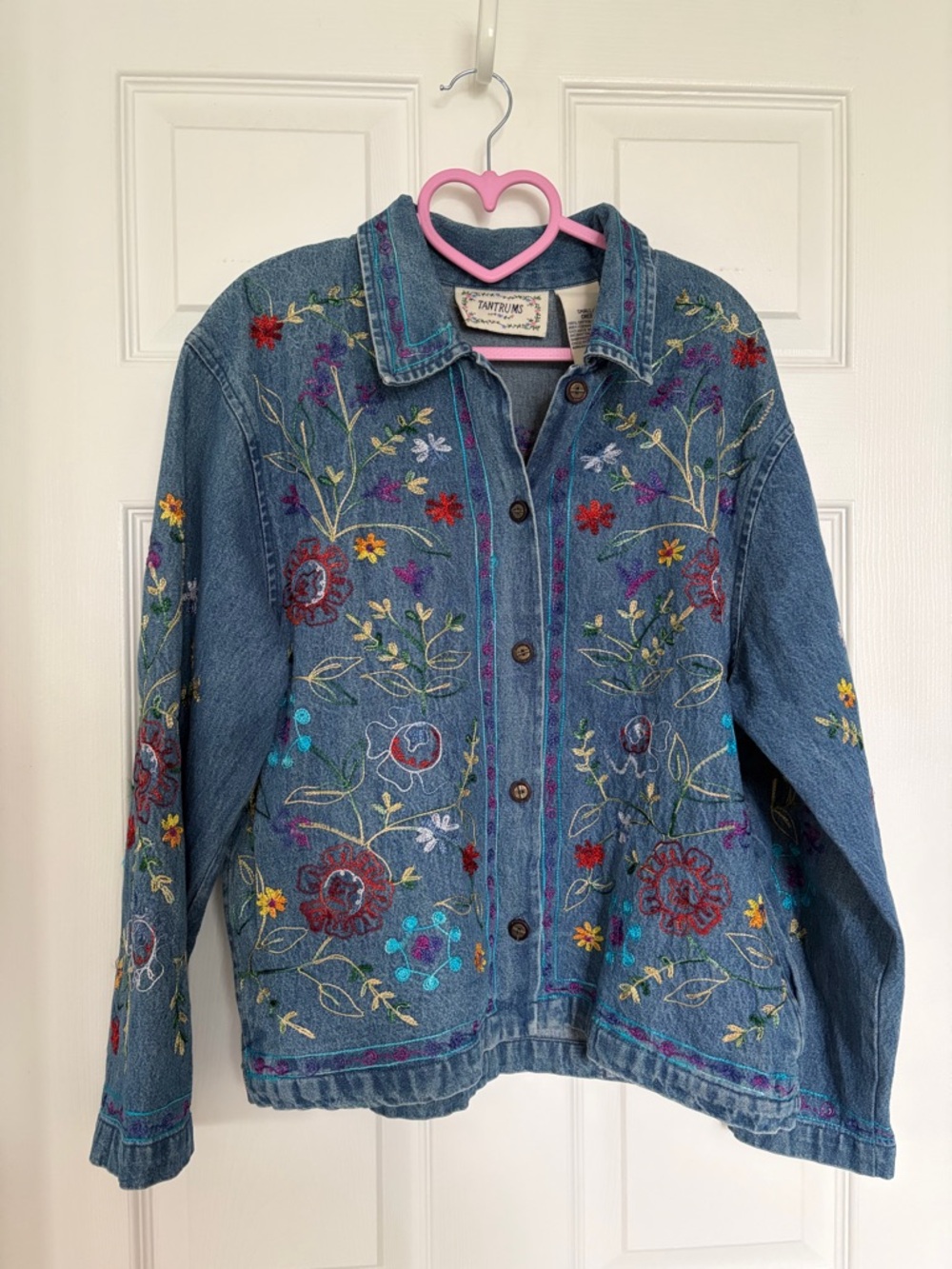 Tantrums Blue Denim Jacket with Multicolor Floral Embroidery